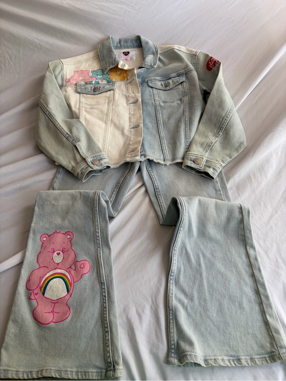Justice Y2K Blue Denim Jacket (M) & Jeans (size 8)with Pink Bear Patches NWT